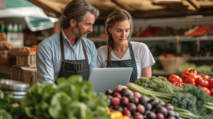 Couple Discussing Agricultural Produce Inventory while Using a Laptop. Generative AI. - Powered by Adobe