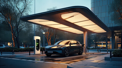 Large car charging station and charged under the canopy, Electric Vehicle Charging Station. Generative AI.
