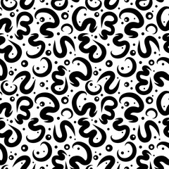 Abstract hand-drawn thick curvy black lines and dots on white background. Monochromatic seamless pattern for printing on fabric, wrapping, textile, wallpaper, apparel etc.