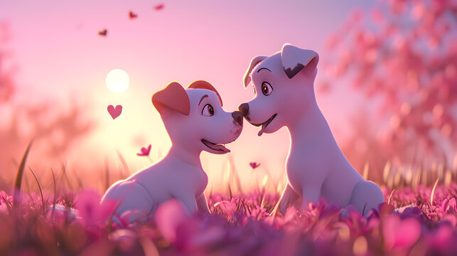 3d illustration of a cute loving couple of dogs