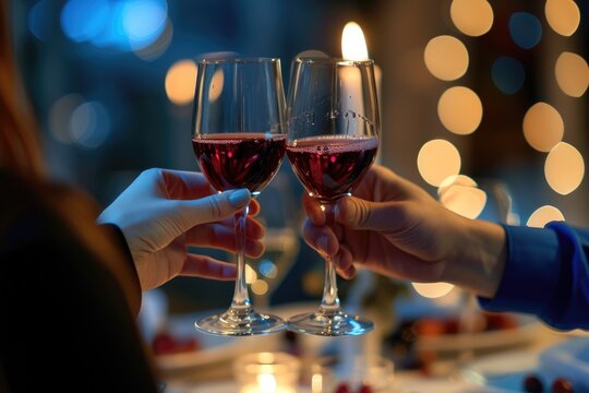 Valentine's day Elegant dining setup with crystal clear wine glasses and lit candles creating a warm, intimate ambiance, highlighted by soft glowing lights in the background. Ai generated