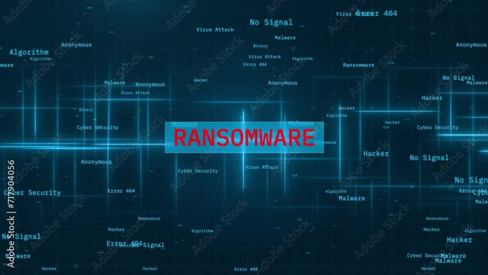 Aufkleber ransomware virus attack concept: cyber security background with moving lines and animated words