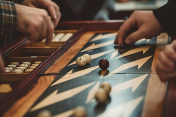 close-up of players celebrating a successful move in a minimalist backgammon match, capturing the joy and camaraderie of the game in a minimalistic style
