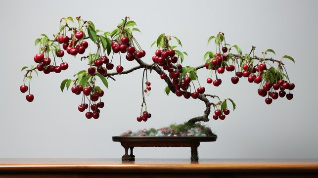 A high-definition image of a Dwarf Cherry Bonsai with tiny, ripening cherries hanging from its branches, creating a miniature version of a cherry orchard.