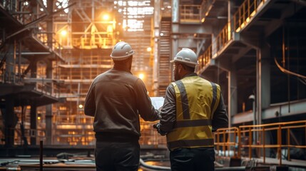 The engineers are carefully looking at the formwork and structural drawings. Generative AI.