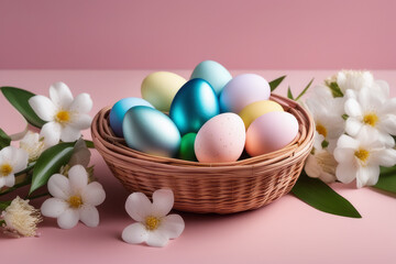 Obraz na płótnie Canvas Basket with colorful Easter eggs and blooming flowers on the table on pink background.