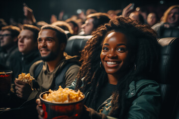 Happy young black woman laughing, eating popcorn and watching a comedy movie in the cinema