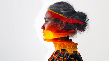 Double exposure portrait of Indigenous Australian man blended with colors of Aboriginal flag