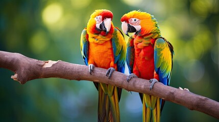 Tropical parrots displaying colorful feathers while perched on a tree branch. Bright plumage, avian duo, vibrant resting spot. Generated by AI.