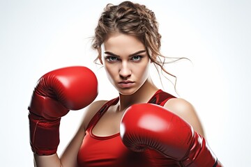 Close-up portrait of a strong and determined female boxer against a clean white background