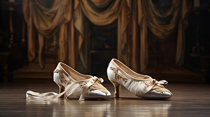 Refined ballet slippers elegantly placed on a stage. Exquisite footwear, dance essentials, artistic elegance. Generated by AI.