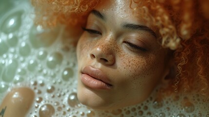 Close-up portrait of a beautiful young woman with red hair taking a bath. Generative Ai. 