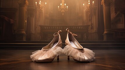 Graceful ballet shoes carefully positioned on a stage. Elegant dancewear, artistic finesse, footwear for dance. Generated by AI. - obrazy, fototapety, plakaty