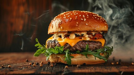hamburger with cheddar cream and fresh and tasty brioche bun on smoke and dark wooden table 
