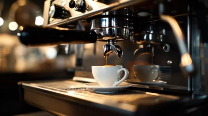 Foto op Plexiglas Closeup coffee machine with a cup of espresso. The process of making coffee. © Vladimir