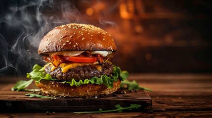 hamburger with cheddar cream and fresh and tasty brioche bun on smoke and dark wooden table 