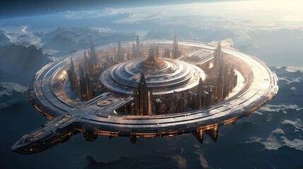 Obraz premium Advanced, orbital facility, distant planetary backdrop, futuristic technology, cosmic outpost. Generated by AI.