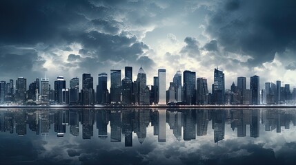 Obraz premium Modern cityscape boasts sleek, towering skyscrapers. Contemporary skyline, urban vista, high-rise architecture, metropolitan landscape. Generated by AI.