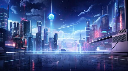 Innovative, high-tech, illuminated skyline, glowing city lights, contemporary, urban landscape, nocturnal, futuristic design. Generated by AI.
