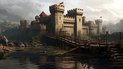Fototapeta premium Ancient medieval castle proudly stands on a hill, encircled by a protective moat. Historic fortress, hilltop stronghold, ancient architecture, fortified structure. Generated by AI.