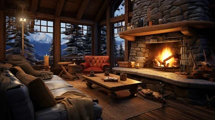 Foto op Plexiglas Tranquil mountain cabin, roaring fireplace, coziness, retreat, outdoors, snug ambiance. Generated by AI. © Anastasia