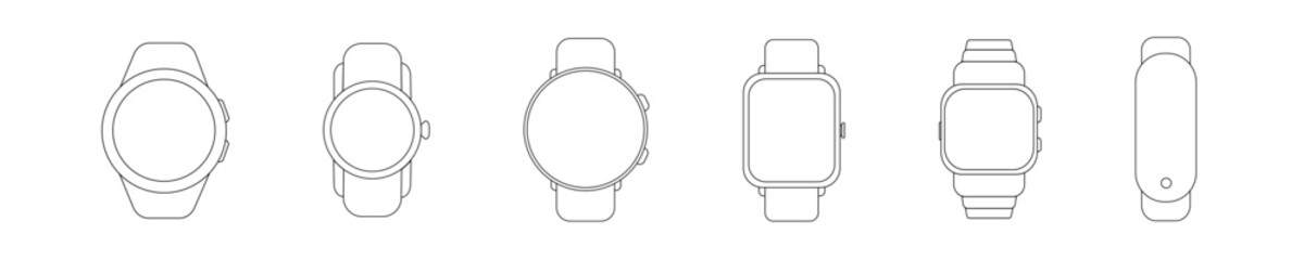 Watch line icon set. Modern wristwatch simple outline illustration. Clock isolated graphic sign in vector flat