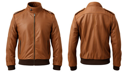Men's brown leather jacket showcasing front and back views mock-up, cut out - obrazy, fototapety, plakaty