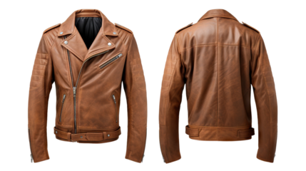 Men's brown leather jacket showcasing front and back views mock-up, cut out