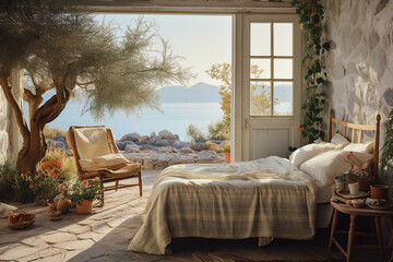 a bedroom with a view of the ocean in the morning, traditional Mediterranean seaside cottage interior