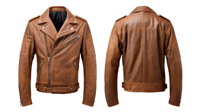 Men's brown leather jacket showcasing front and back views mock-up, cut out