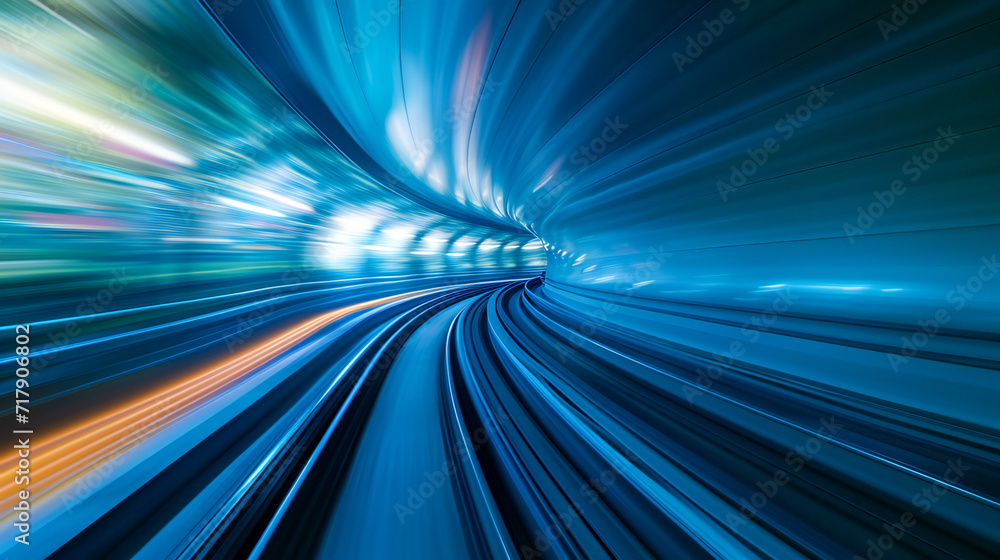 Poster acceleration speed on the railroad. light and stripes fast motion blur.