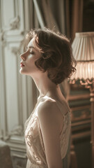 A beautiful young woman in a 1920s bedroom
