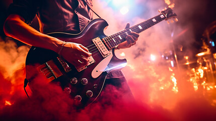 A guitarist performing a guitar solo on stage, closeup - Powered by Adobe