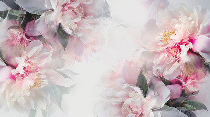 A peony flowers frame in double exposure enhances the greeting card template, providing free copy space at the center