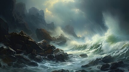 Nature's fury, stormy waves, rugged cliffs, collide, dramatic clash, awe-inspiring force, tempestuous sea. Generated by AI.