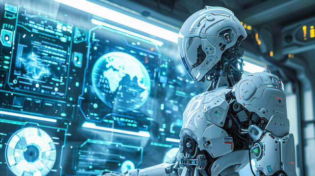 An advanced humanoid android or robot operating a computer interface in a lab or spaceship