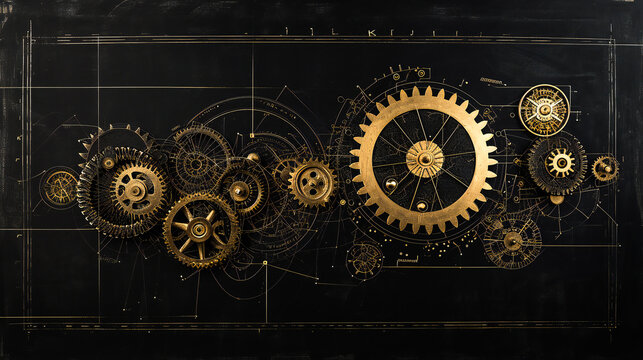 Old cogwheel ensemble over a diagram. Old mechanical technology concept.