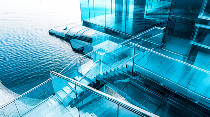 Fototapeta premium Abstract transparent architectural glass structure on the water, with glass stairs and surfaces. Creative fantasy futuristic architecture concept.