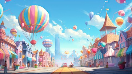 Bustling carnival filled with vibrant rides and cotton candy stalls. Festive atmosphere, colorful amusements, sugary treats, joyful revelry, lively entertainment. Generated by AI. - obrazy, fototapety, plakaty