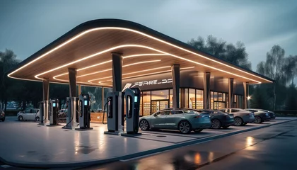 Fotobehang Modern design of drive through convenience store with electric vehicles charging stations. Generative AI. © visoot
