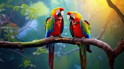 Tropical parrots with stunning colors resting on a tree branch. Vivid plumage, colorful avian pair, perched elegantly. Generated by AI.
