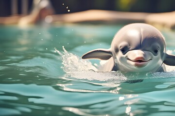 A cute baby dolphin swimming in a kiddie pool. Generative AI.