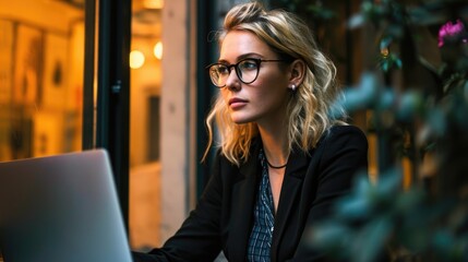 Young businesswoman wearing glasses, working on her laptop in the evening