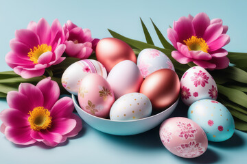 Obraz na płótnie Canvas Colorful Easter eggs and blooming pink flowers on light blue background.