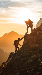Homem ajudando outro a subir ao topo de uma montanha ao nascer do sol  - obrazy, fototapety, plakaty