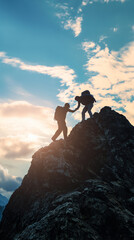 Homem ajudando outro a subir ao topo de uma montanha ao nascer do sol 