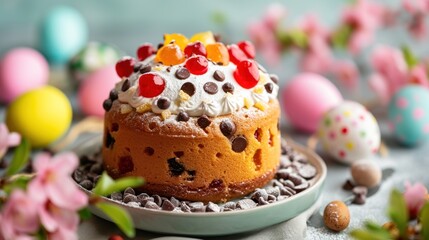 Fototapeta na wymiar delicious Easter cakes with candied fruit and chocolate chips on top, surrounded by colorful Easter eggs