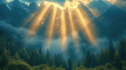 Fototapeta na wymiar The rays of light are coming through the mountains. Generative AI.