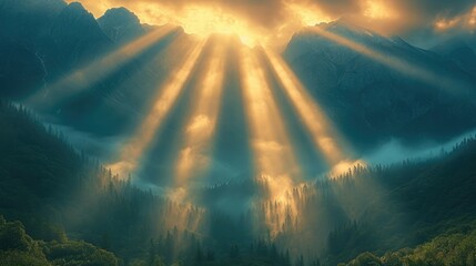 The rays of light are coming through the mountains. Generative AI. - Powered by Adobe