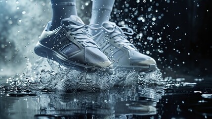Close-Up of Athletic Shoes Splashing Water on Wet Surface Under Dramatic Lighting